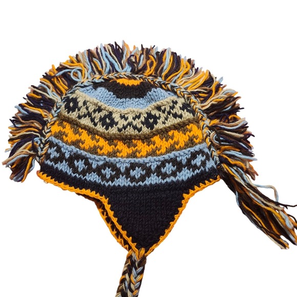 Handmade Wool Mohawk Beanie Hat with Tassels and Ear Flaps Made in Nepal - Picture 2 of 9